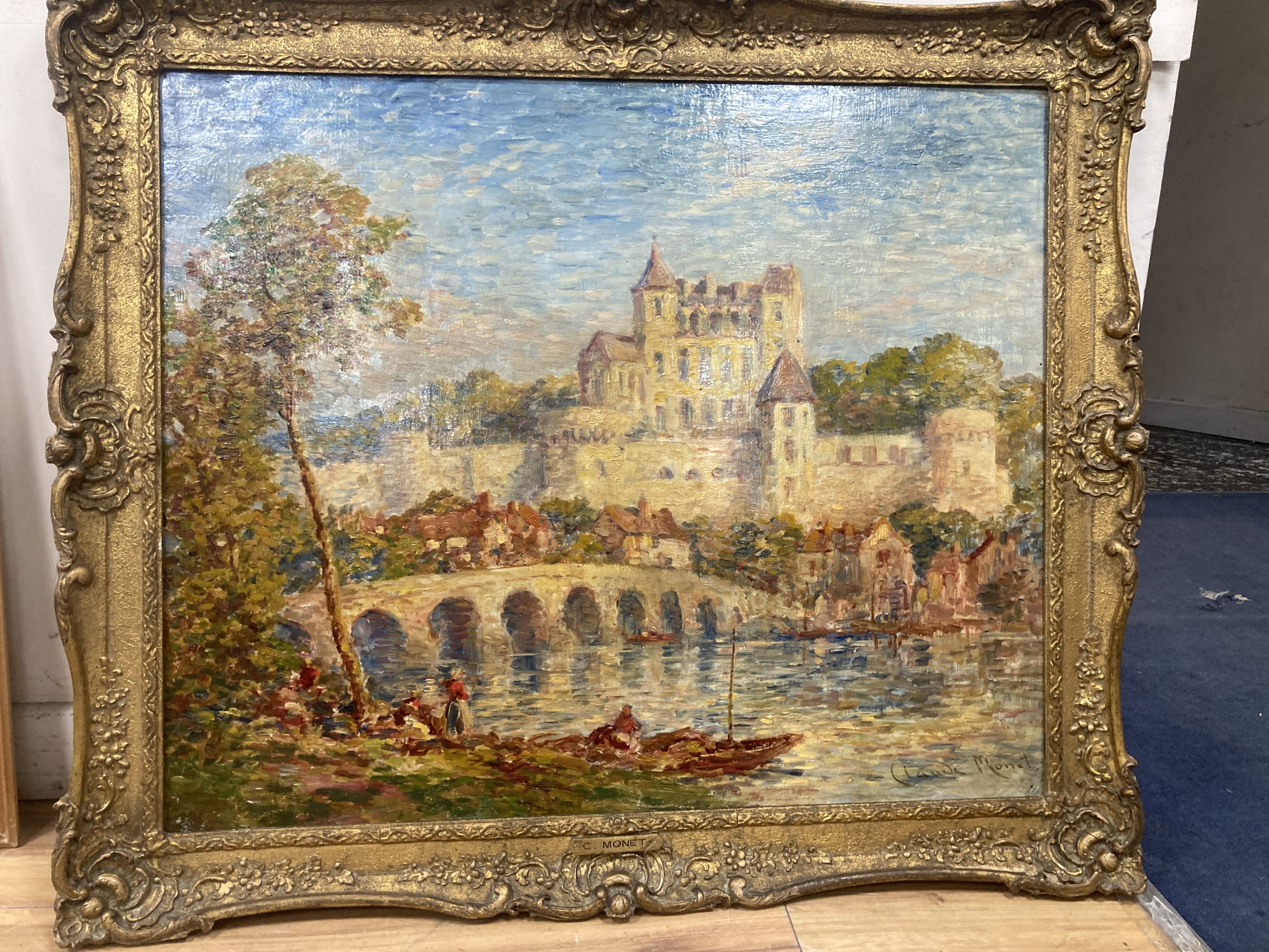 Style of Claude Monet, oil on canvas, river landscape with chateau, bridge and figures in the foreground